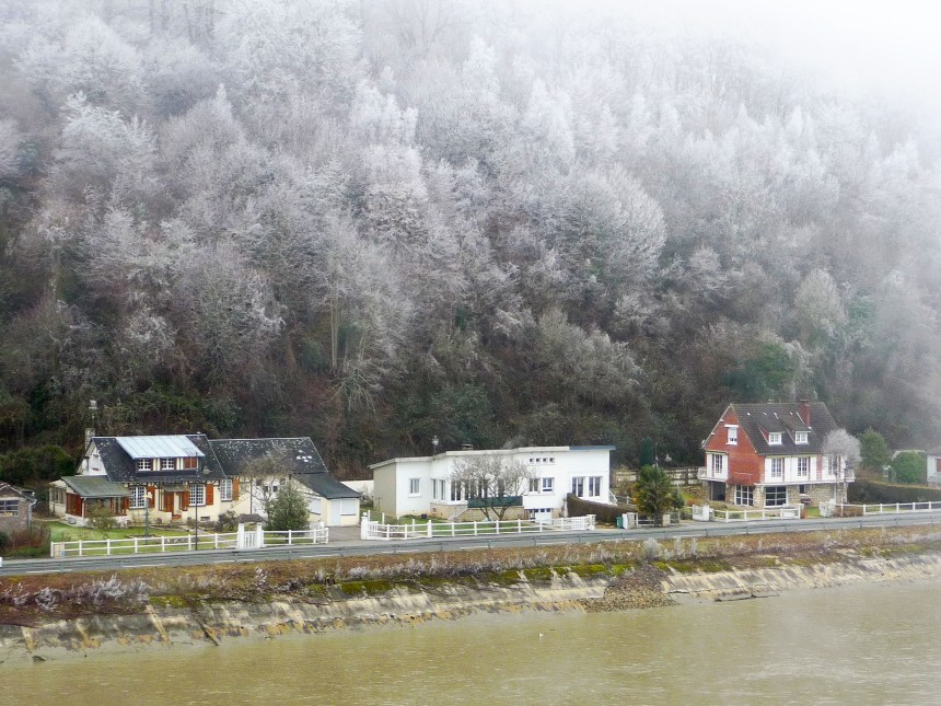 Frosted trees above towpath houses on Seine