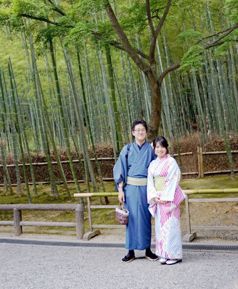 Kimona Clad Locals sightseeing in Bamboo Forest